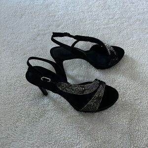 Adrianna Papell Black Satin Open Toe/Slingback Pumps